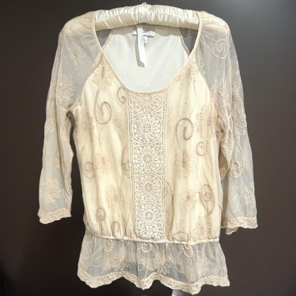 Y2K DRESS BARN Lace Romantic Whimsical Cream Floral Embroidered Blouse Sz M Top - Picture 1 of 9